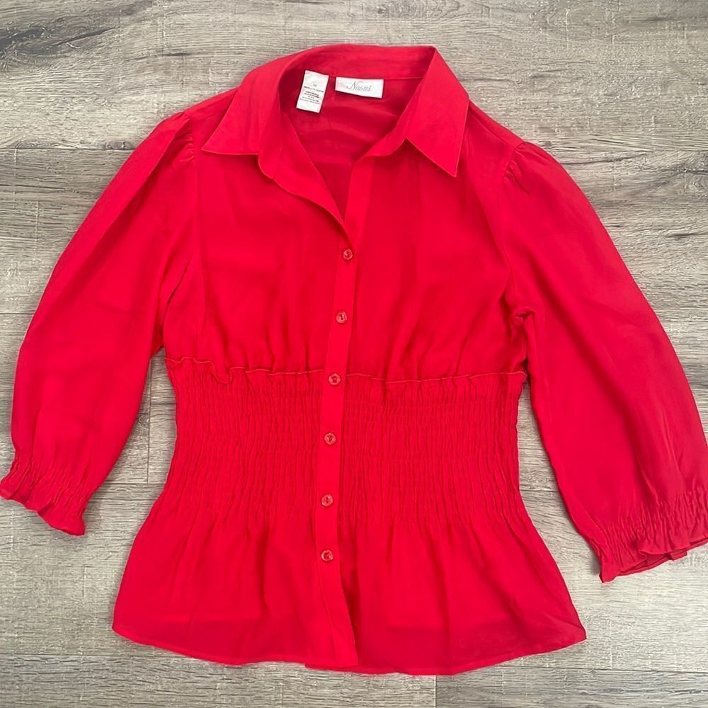 EUC Naomi Size XS Blouse Puff Sleeves Red Button Down Waist Cinch